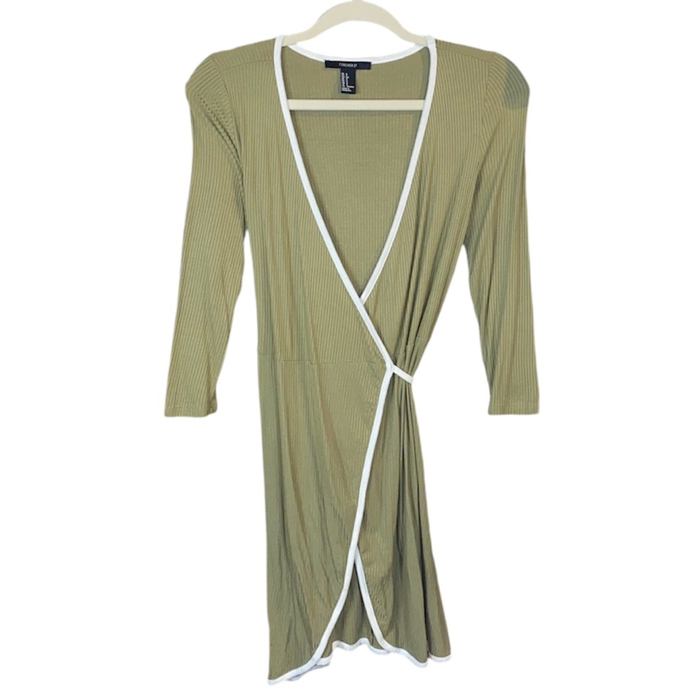 Forever 21 Green/White Ribbed Wrap Dress, Size Small